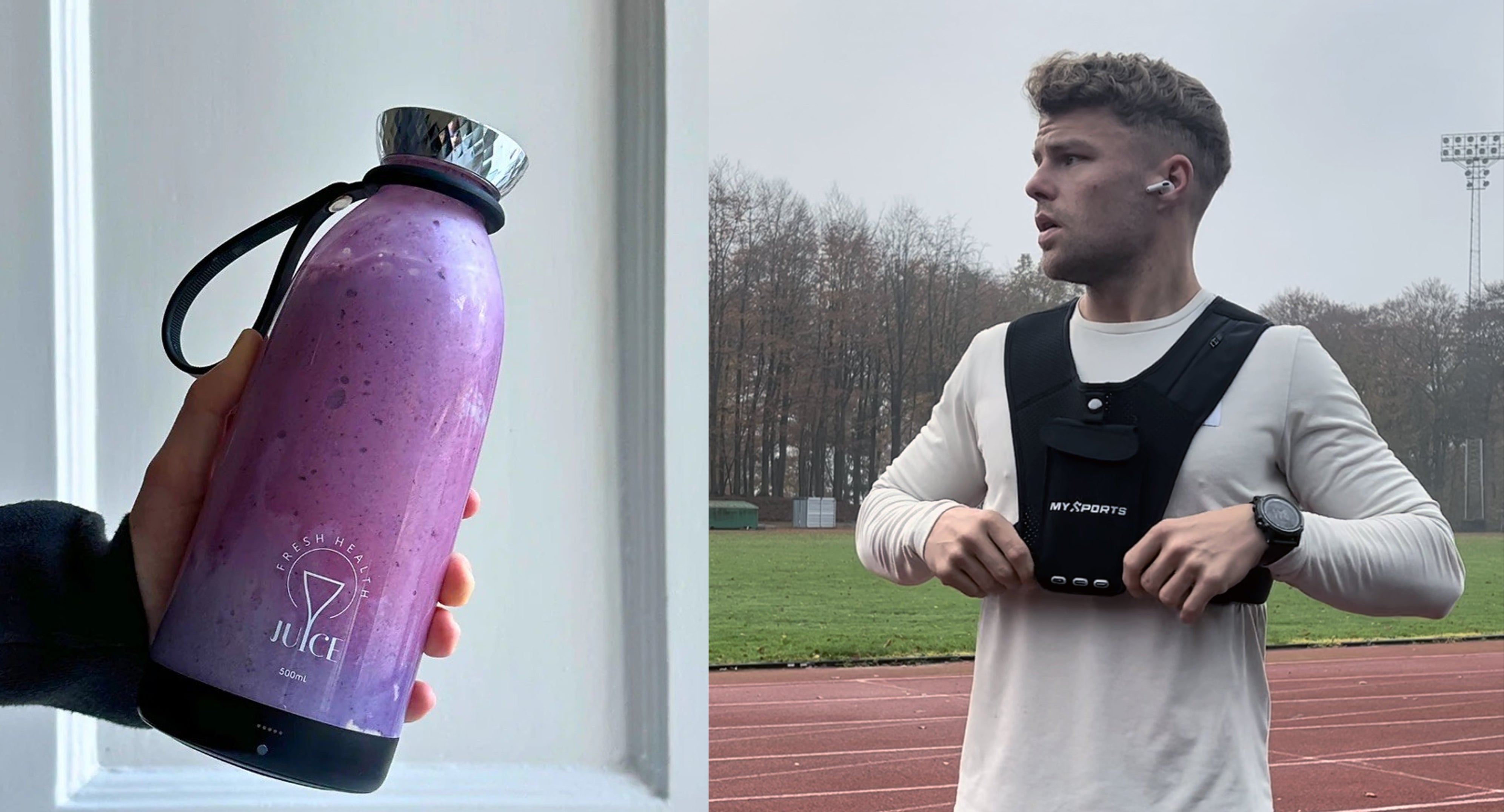 Forsidebillede med MySports Fresh Juice bærbar blender og MySports løbevest – aktiv livsstil.