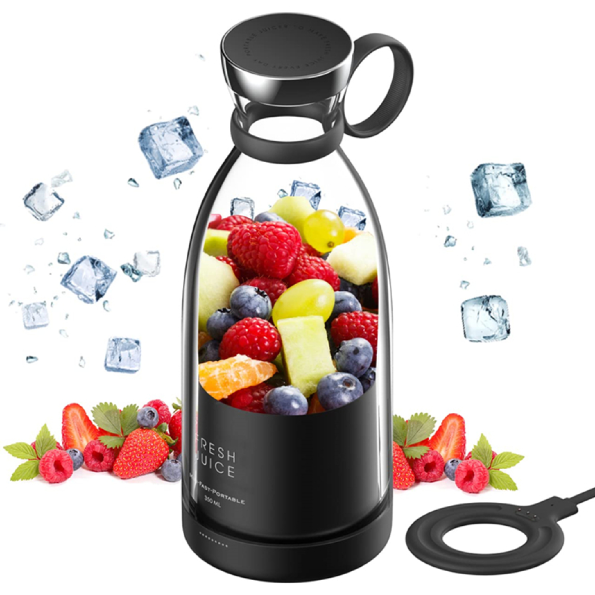 Fresh Juice bærbar blender 350ml i sort – fyldt med bær og is, klar til brug.
