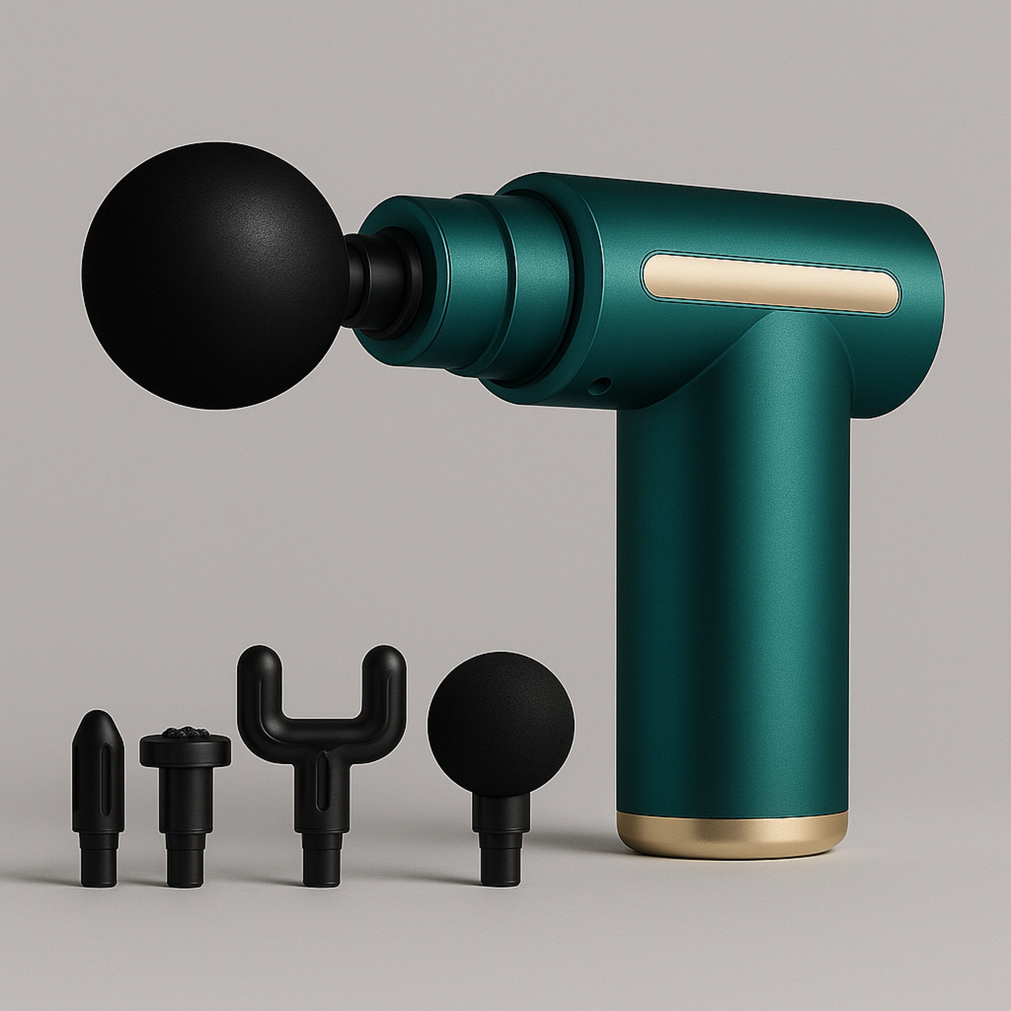 Massagepistol Mini i grøn – kompakt design med 4 hoveder, 6 gear og USB-C opladning.