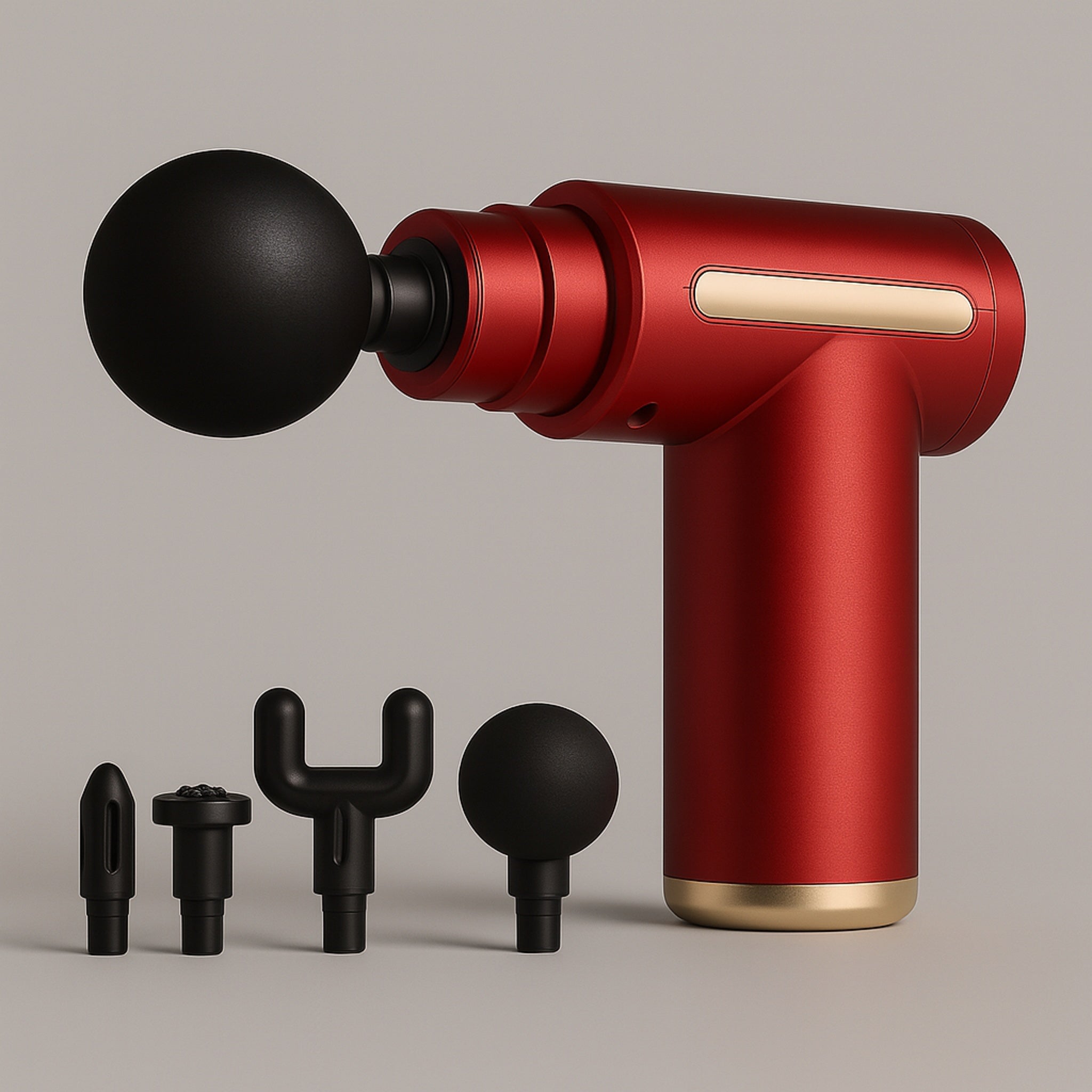 Massagepistol Mini i rød – kompakt design med 4 hoveder, 6 gear og USB-C opladning.