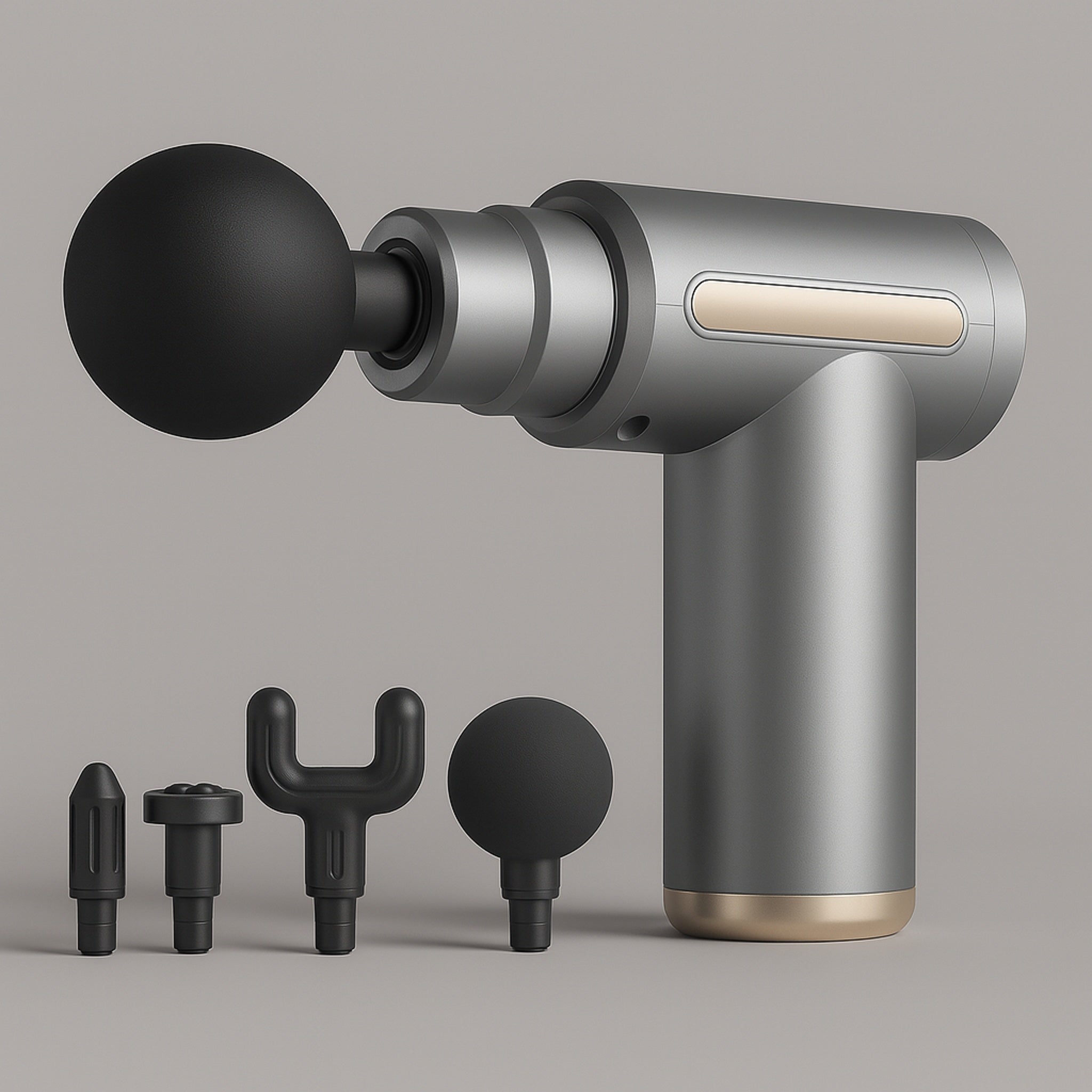 Massagepistol Mini i sølv – kompakt design med 4 hoveder, 6 gear og USB-C opladning.