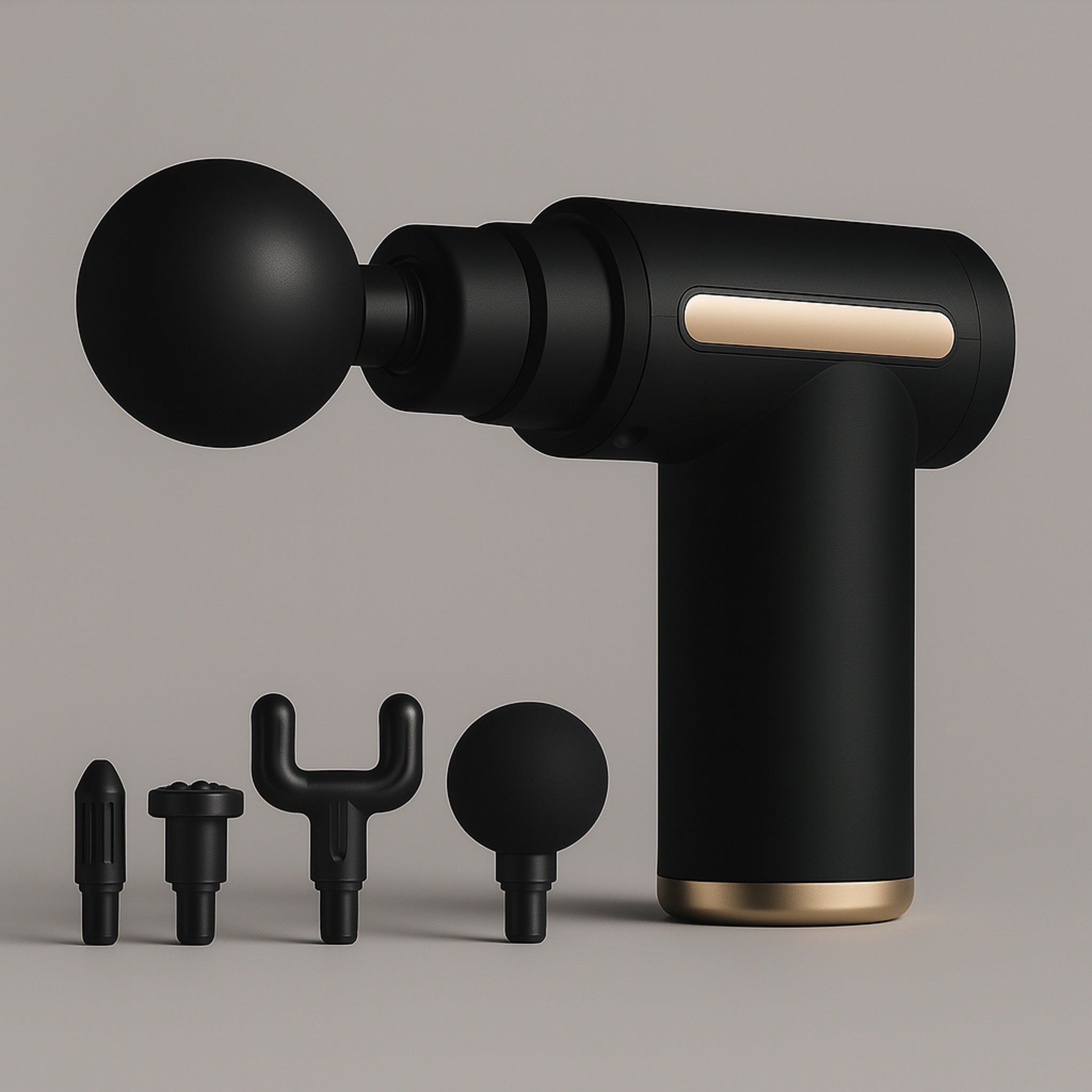 Massagepistol Mini i sort – kompakt design med 4 hoveder, 6 gear og USB-C opladning.