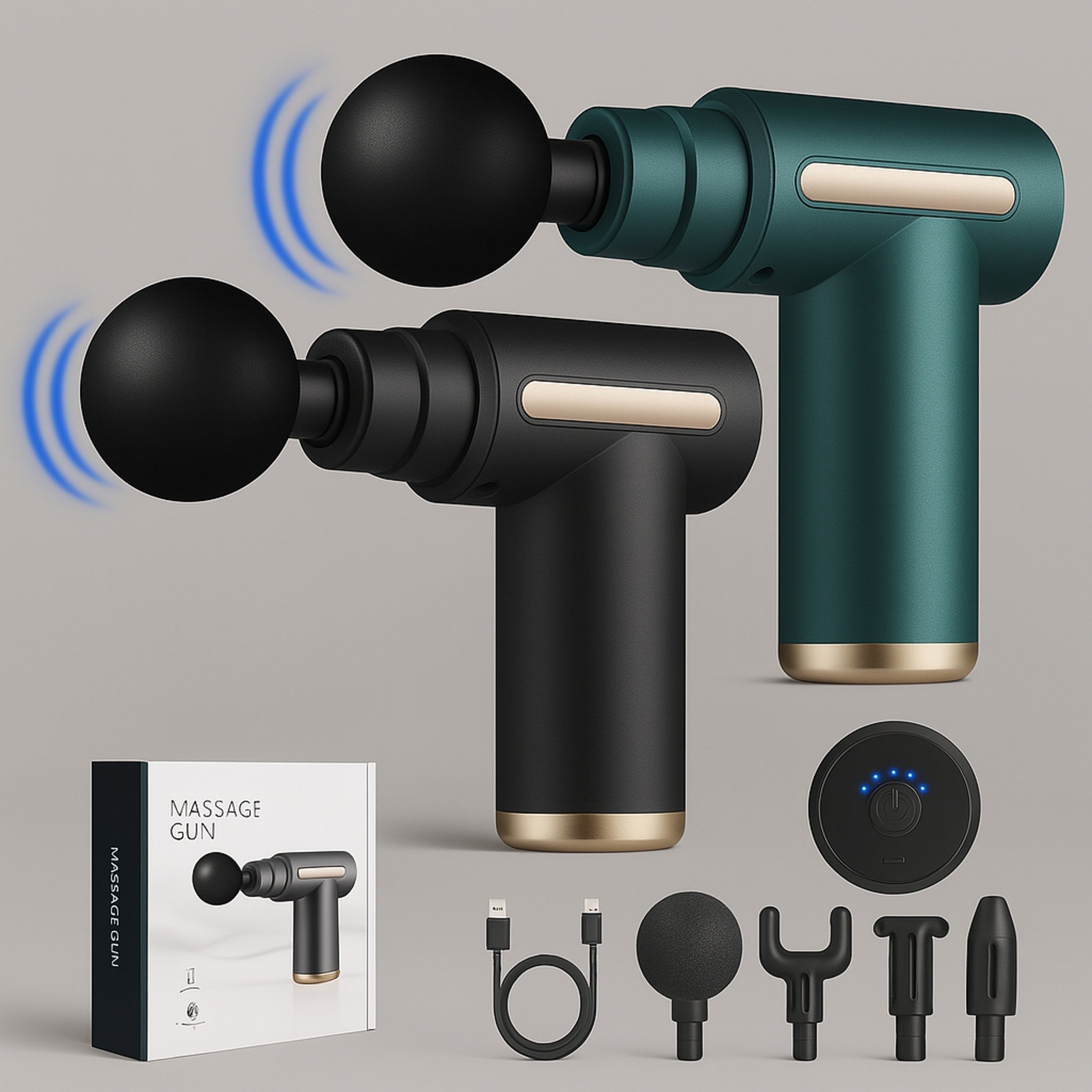 Massagepistol Mini – kompakt massagepistol med 4 hoveder, 6 gear og USB-C opladning.