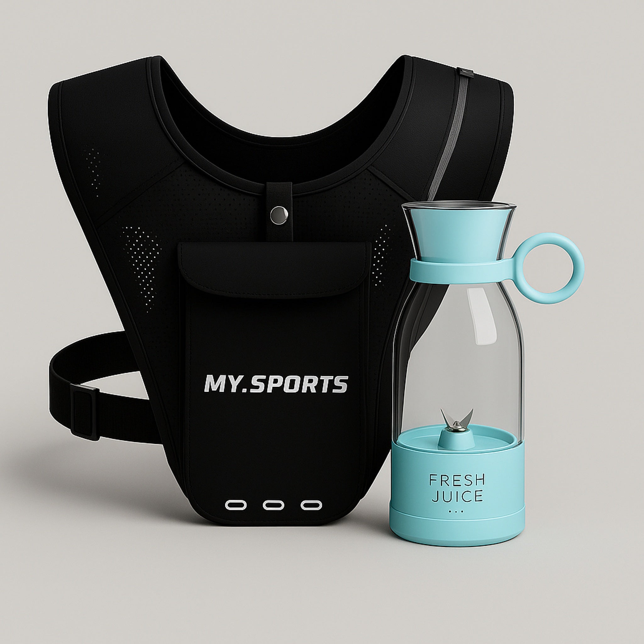 MySports Move & Blend Kit – løbevest og bærbar blender i blå farve.