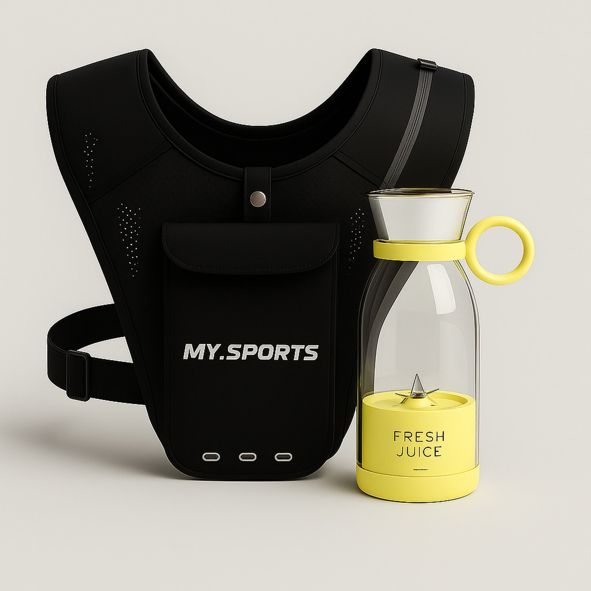 MySports Move & Blend Kit – løbevest og bærbar blender i gul farve.