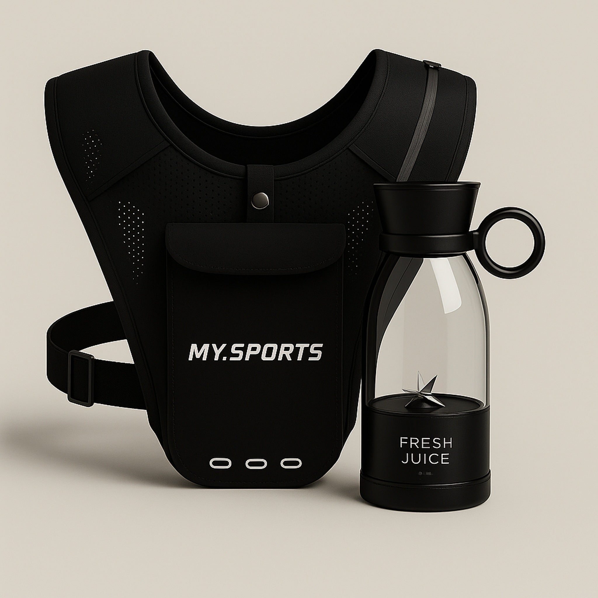 MySports Move & Blend Kit – løbevest og bærbar blender i sort farve.