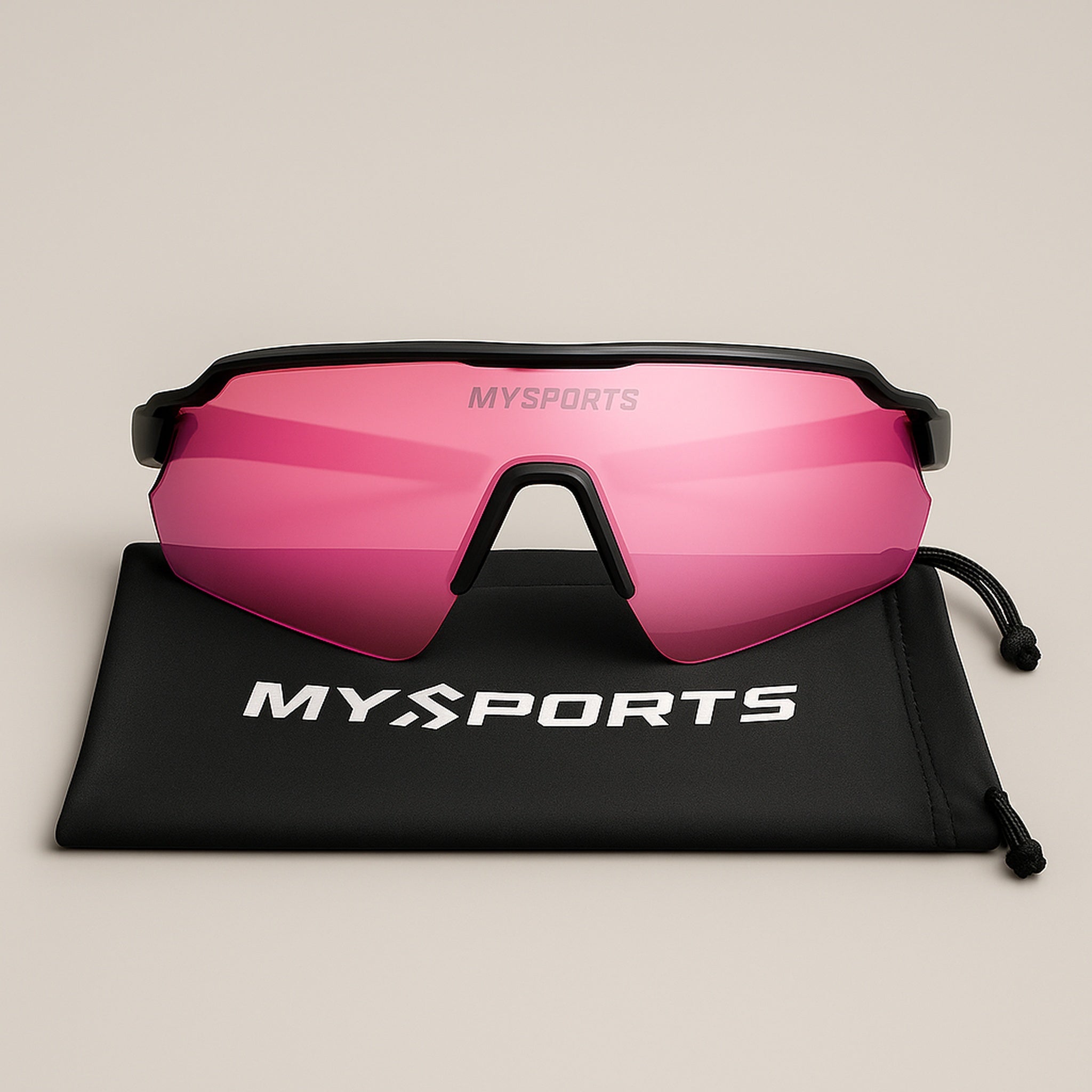 MySports AeroVision sportsbriller med REVO-Cherry Pink linse og UV400 beskyttelse – letvægts solbriller til sport, løb og cykling.