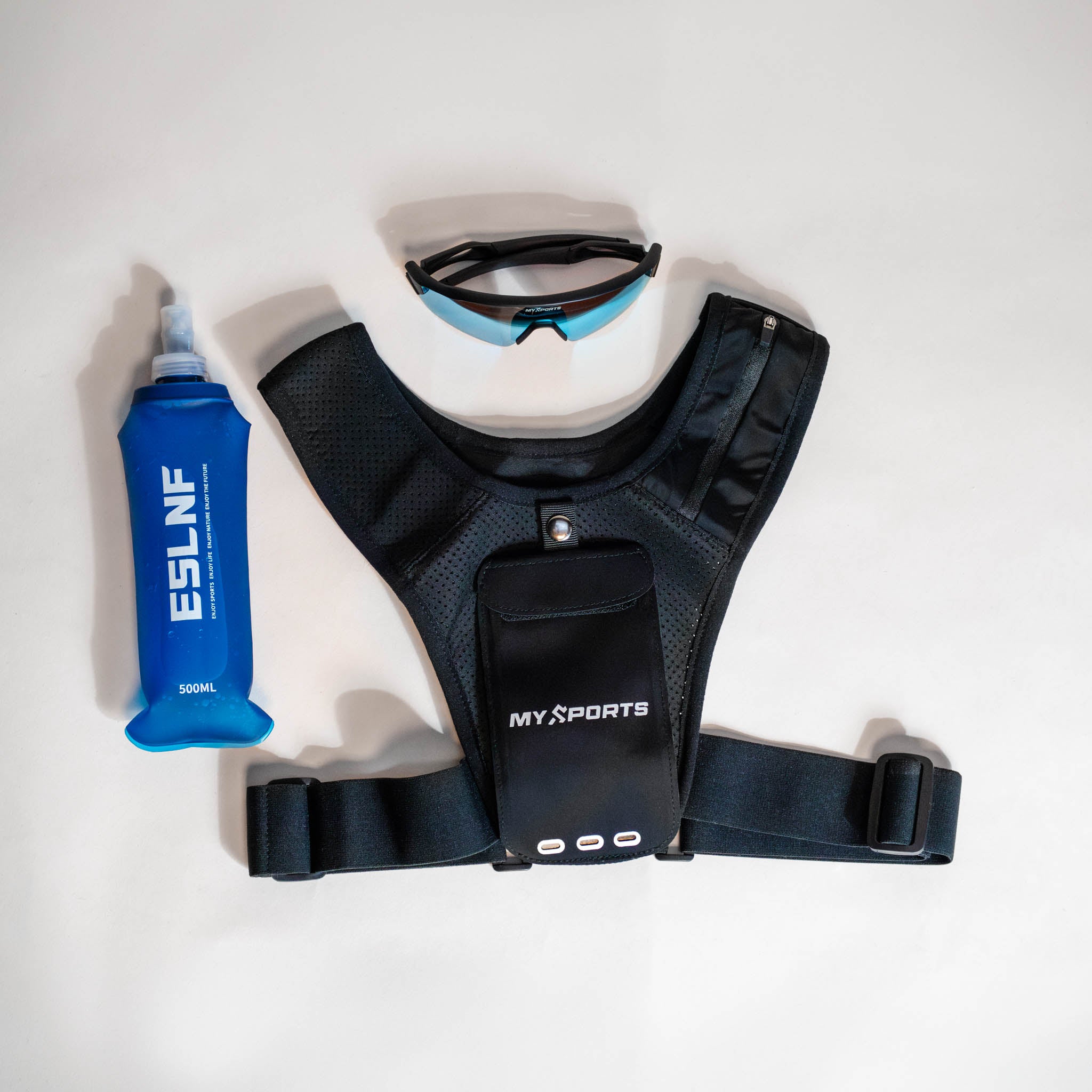 MySports bundle med løbevest, drikkeflaske og sportsbriller