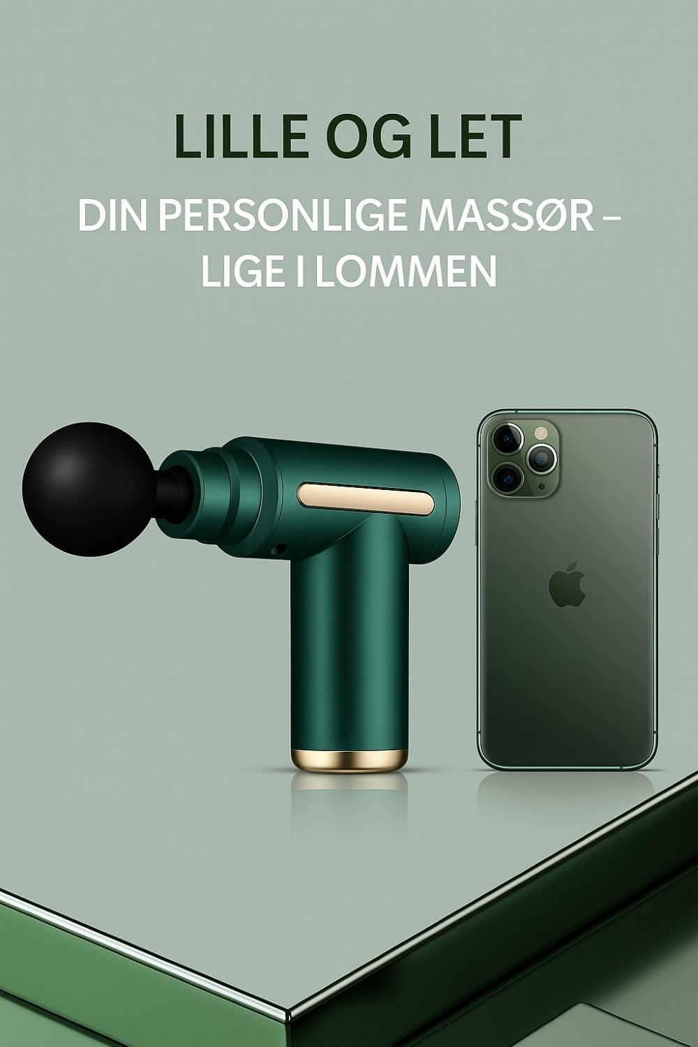 MySports Massagepistol Mini i grøn – kompakt design på størrelse med en smartphone, lille og let at have med i lommen