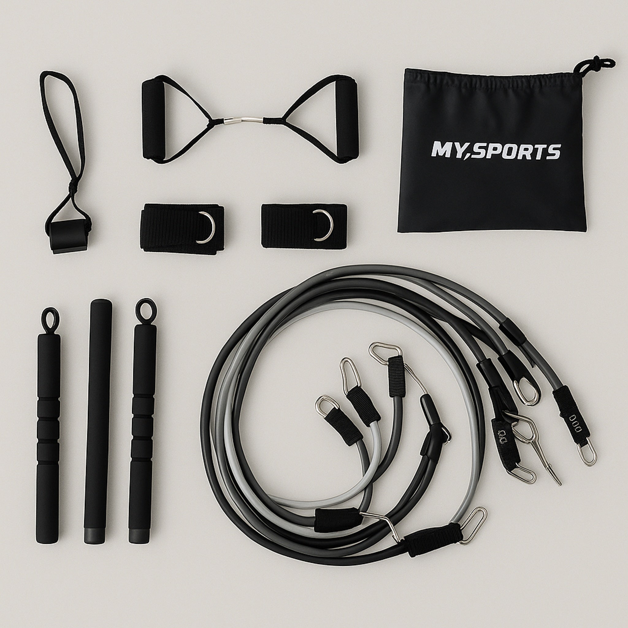 MySports Resistance Trainer – komplet træningssæt med modstandsbånd, bar, håndtag, ankelstropper og opbevaringstaske.
