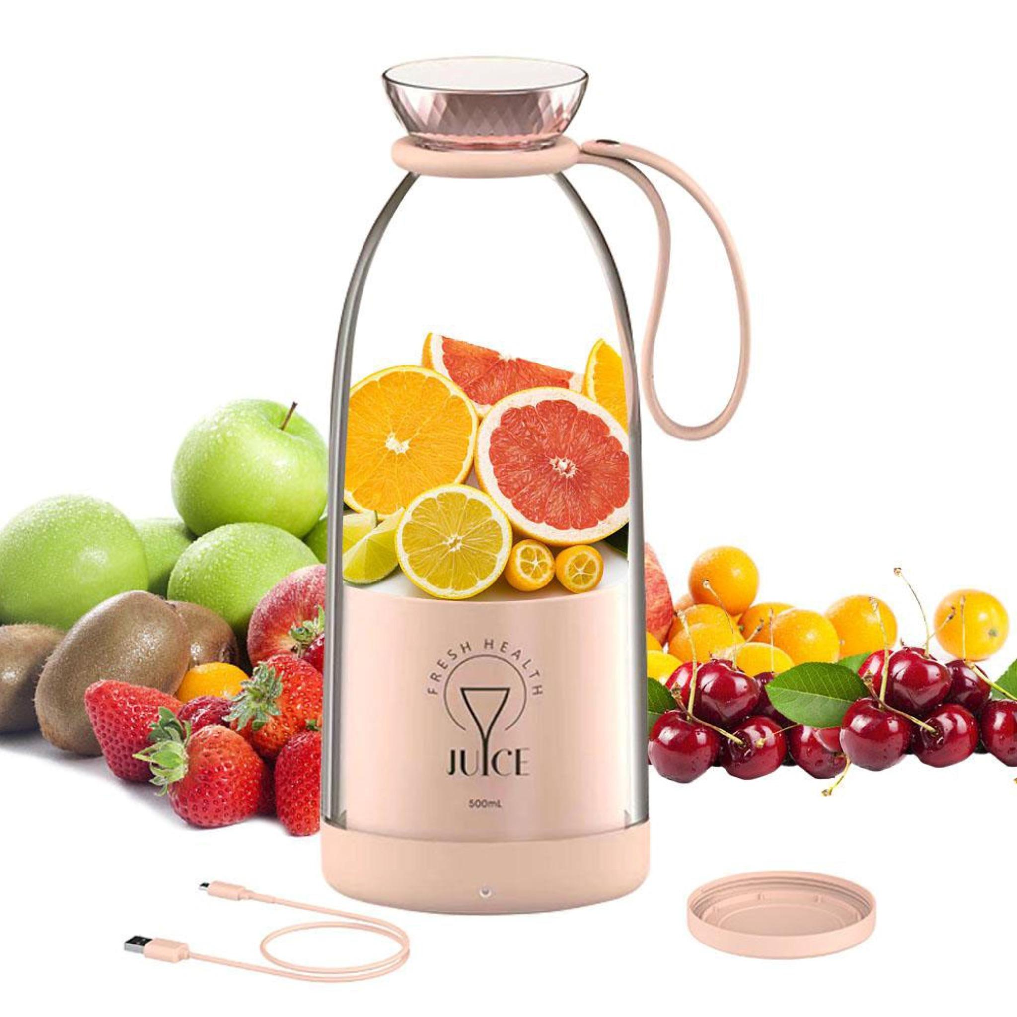Fresh Juice Blender 500ml – fyldt med smoothie, visning af kapacitet og USB-C opladning.