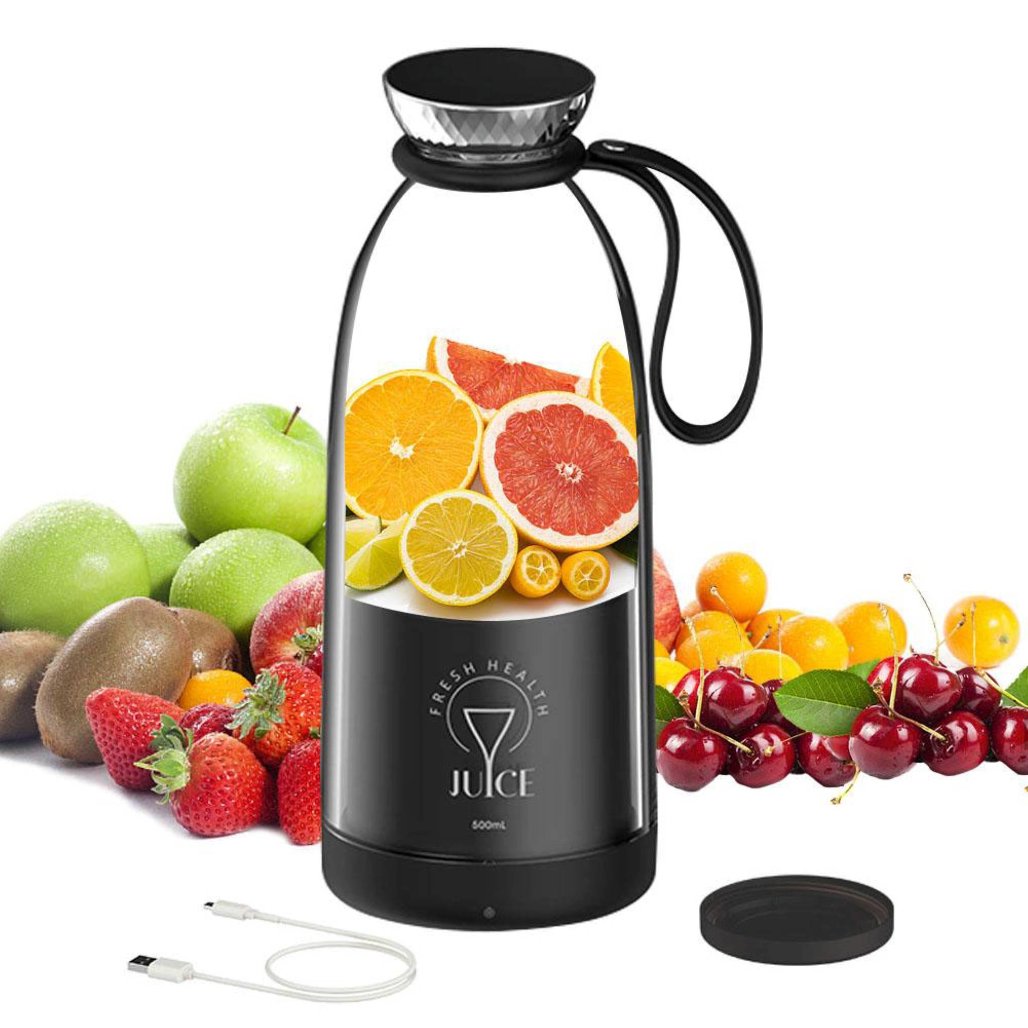 Fresh Juice Blender 500ml – fyldt med smoothie, visning af kapacitet og USB-C opladning.