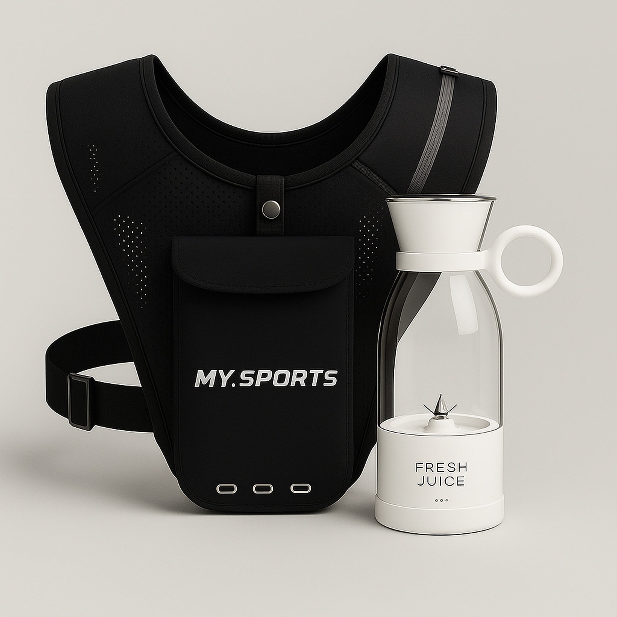 MySports Move & Blend Kit – løbevest og bærbar blender i hvid farve.