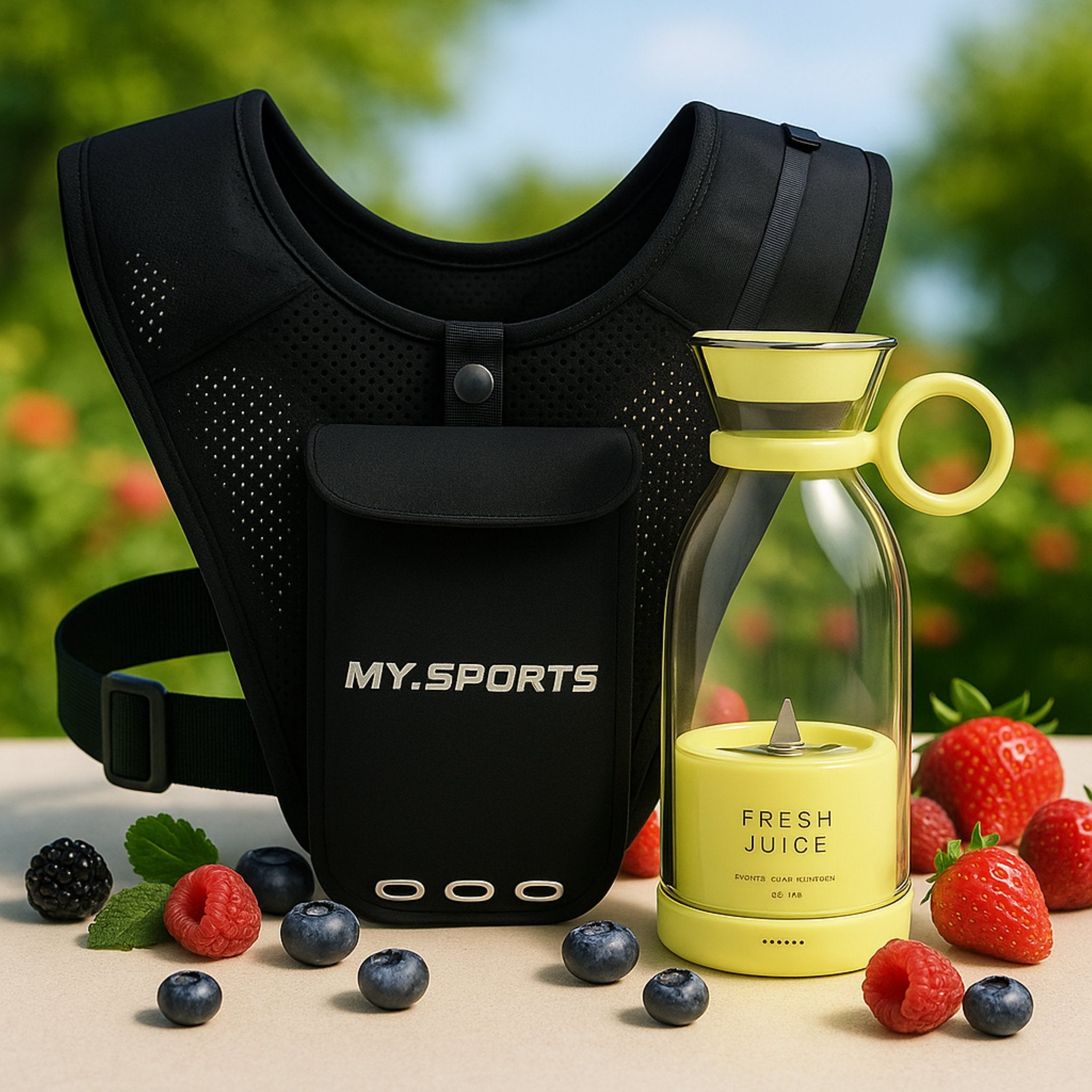 MySports løbevest og 350ml juiceblender bundle med friske bær – perfekt til træning og sund livsstil.