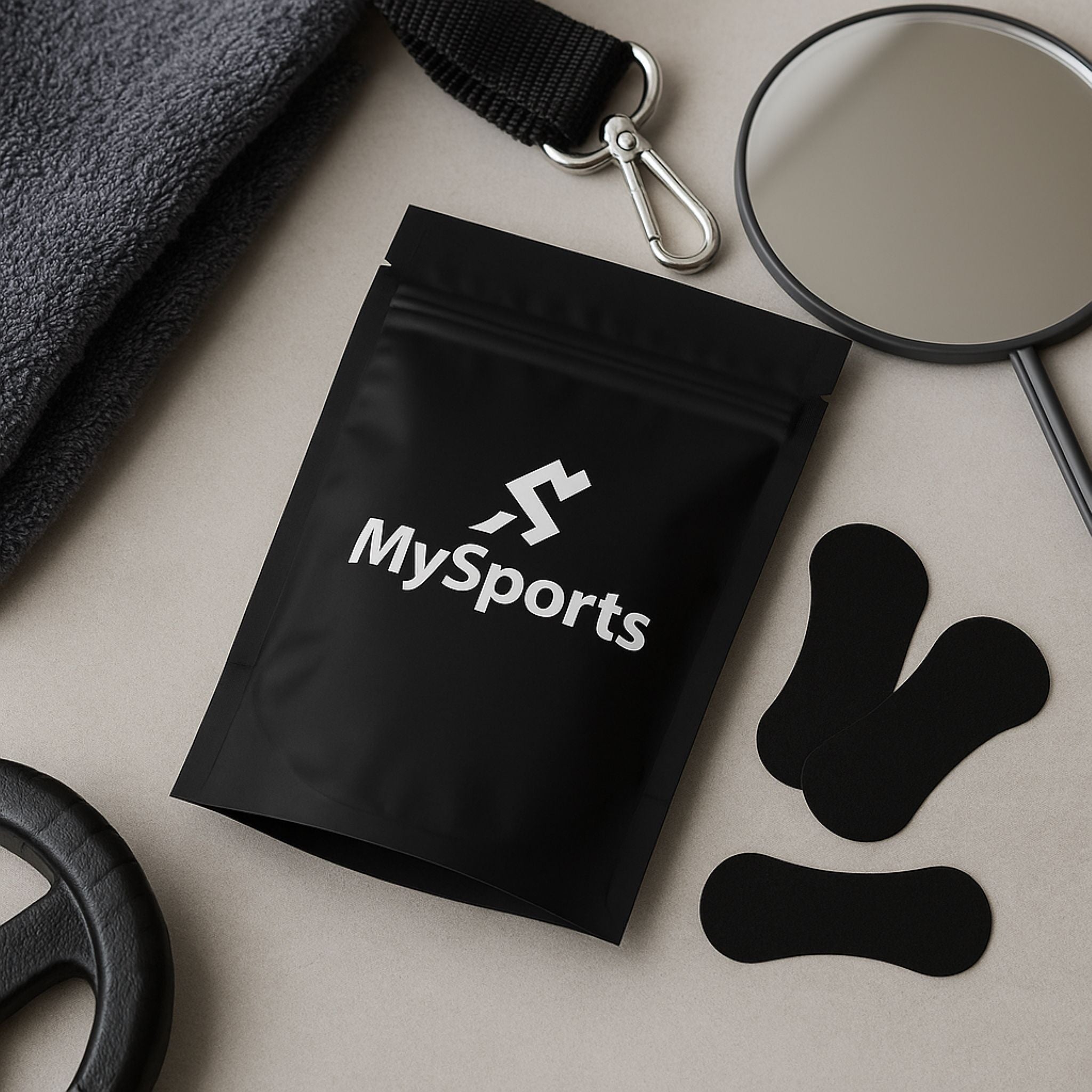 MySports næsestrips – sort pakke med næsestrips vist sammen med spejl, håndklæde og træningsudstyr